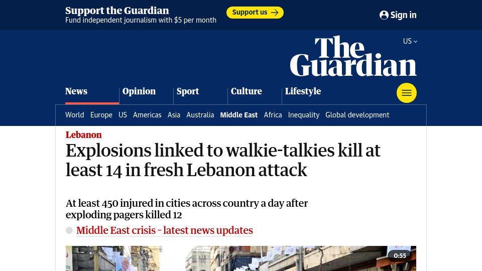 Screenshot of theguardian.com: Explosions linked to walkie-talkies kill at least nine in fresh Lebanon attack