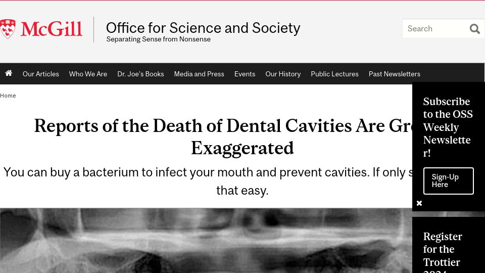 Screenshot of mcgill.ca: Reports of the death of dental cavities are greatly exaggerated