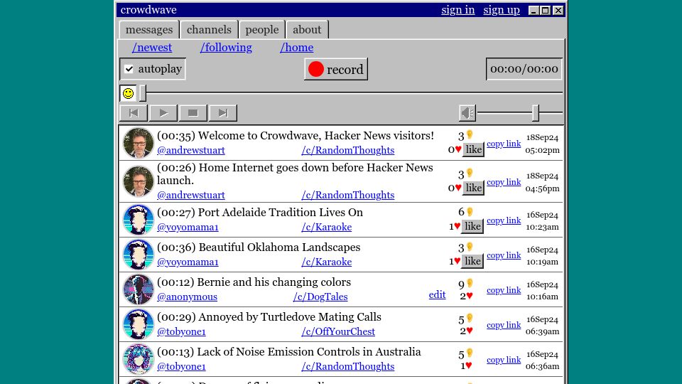 Screenshot of crowdwave.com: Show HN: I made crowdwave – imagine Twitter/Reddit but every post is a voicemail