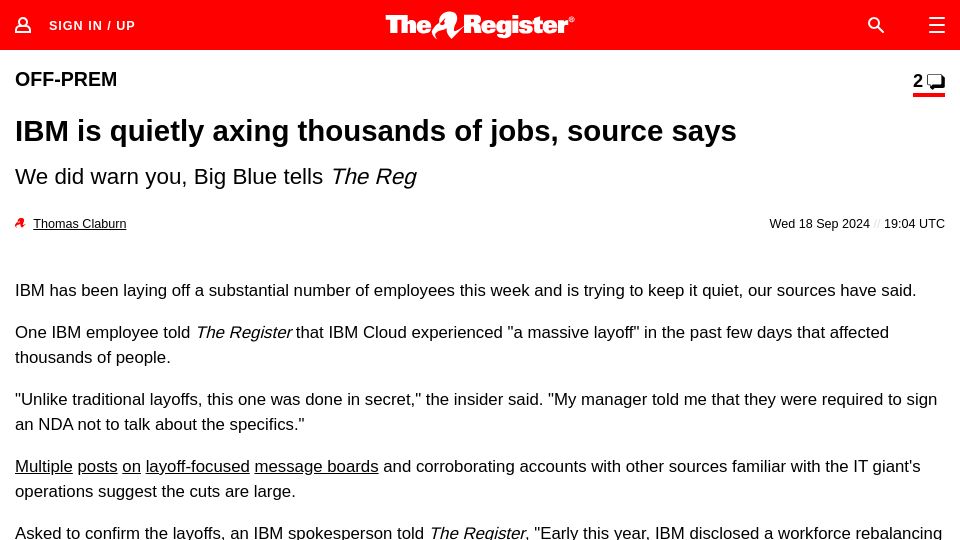 Screenshot of theregister.com: IBM is quietly axing jobs, source says