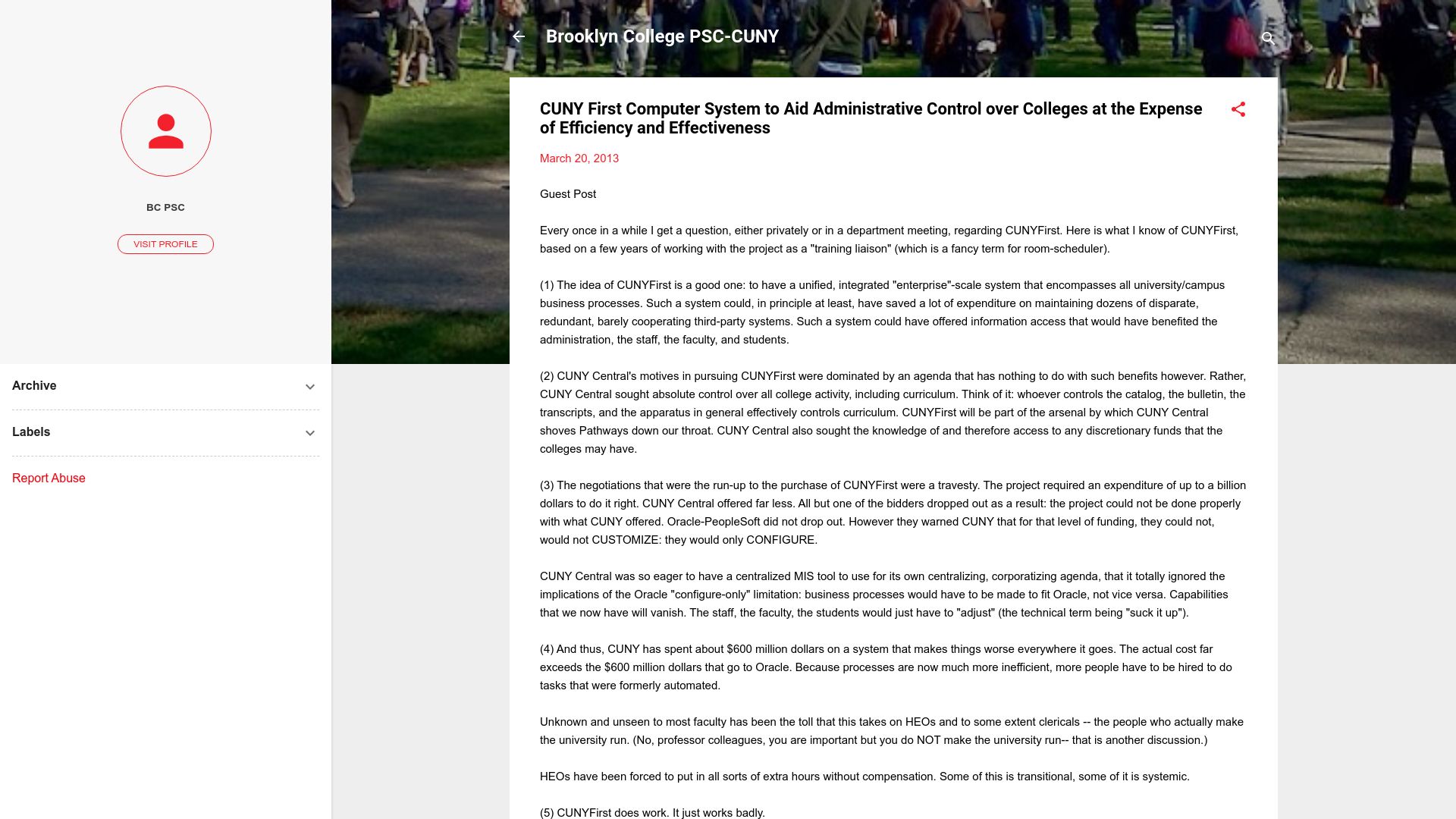 Screenshot of pscbc.blogspot.com: CUNY paid Oracle $600M for its HR software (2013)
