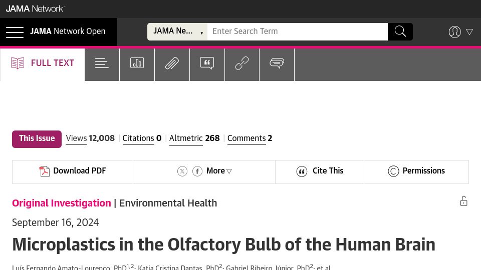 Screenshot of jamanetwork.com: Microplastics in the olfactory bulb of the human brain