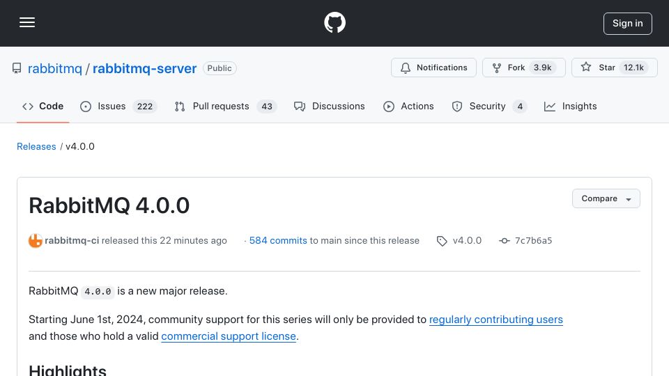 Screenshot of github.com: RabbitMQ 4.0