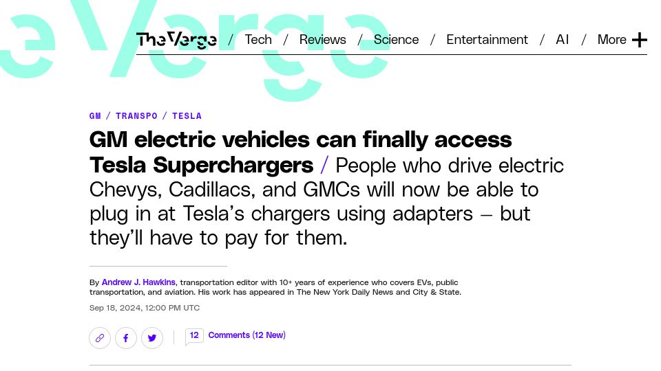 Screenshot of theverge.com: GM electric vehicles can now access Tesla Superchargers