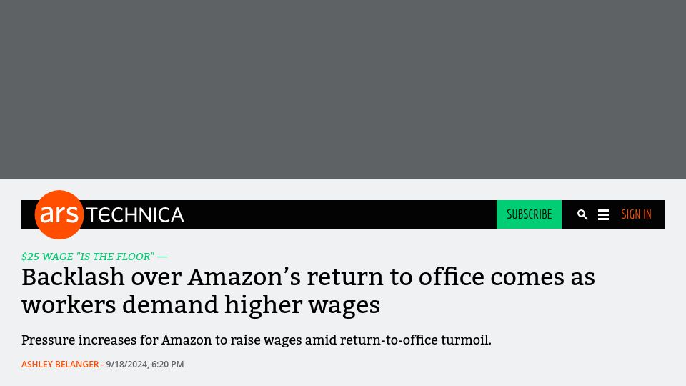 Screenshot of arstechnica.com: Backlash over Amazon's return to office comes as workers demand higher wages