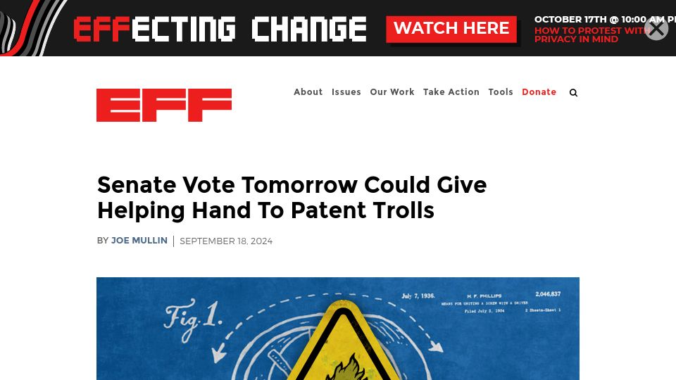 Screenshot of eff.org: Senate Vote Tomorrow Could Give Helping Hand to Patent Trolls