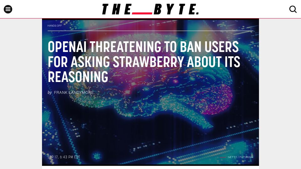 Screenshot of futurism.com: OpenAI Threatening to Ban Users for Asking Strawberry About Its Reasoning