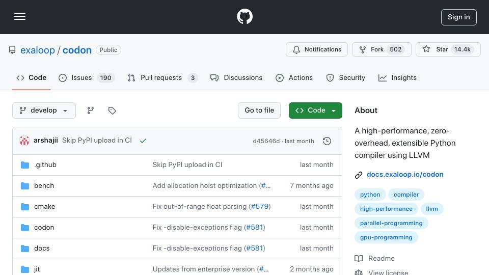 Screenshot of github.com: A high-performance, zero-overhead, extensible Python compiler using LLVM
