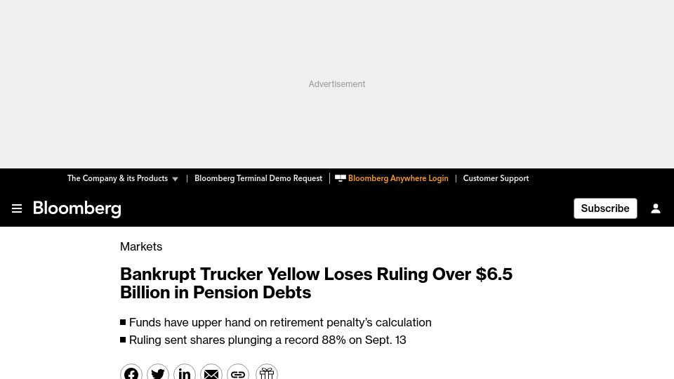 Screenshot of bloomberg.com: Bankrupt Trucker Yellow Loses Ruling over $6.5B in Pension Debts