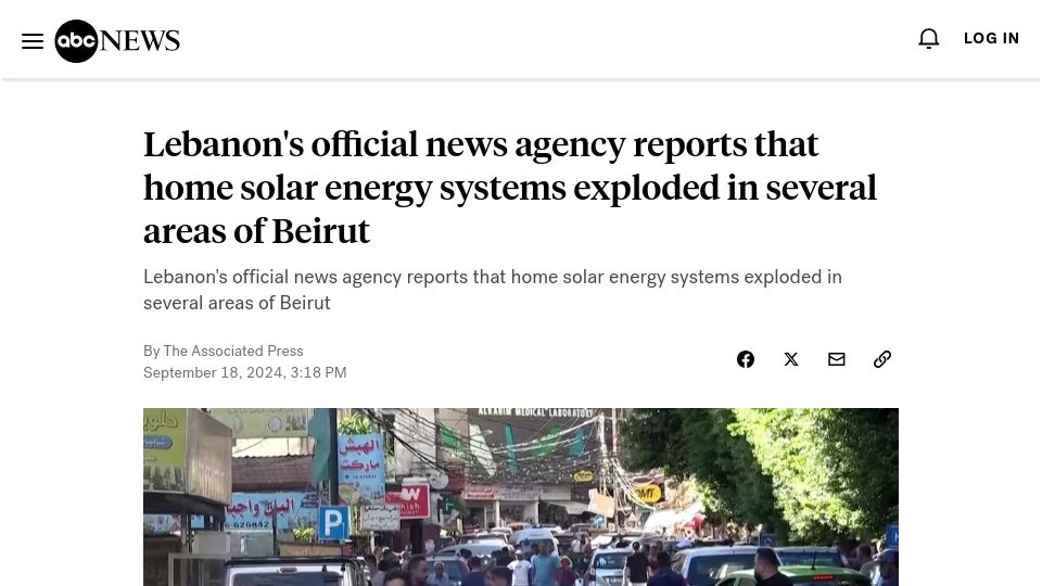 Screenshot of abcnews.go.com: Home solar energy systems exploded in several areas of Beirut