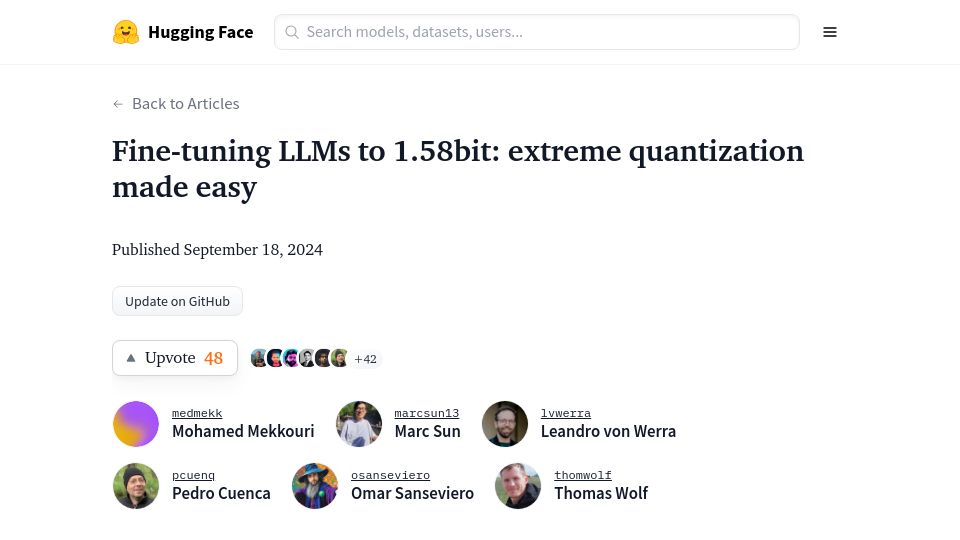 Screenshot of huggingface.co: Fine-Tuning LLMs to 1.58bit