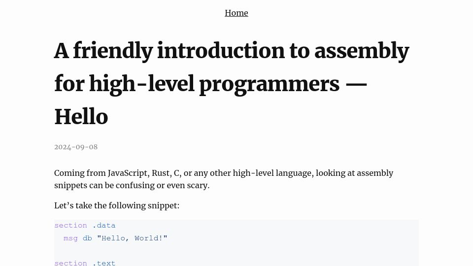 Screenshot of shikaan.github.io: A Friendly Introduction to Assembly for High-Level Programmers