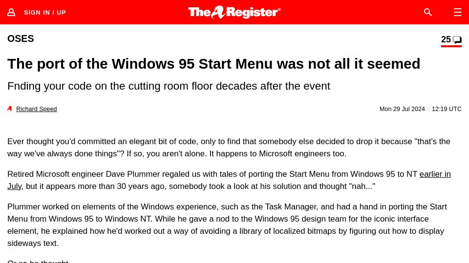 Screenshot of theregister.com: The port of the Windows 95 Start Menu was not all it seemed