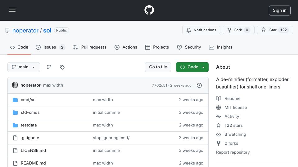 Screenshot of github.com: Show HN: Sol – A de-minifier for shell programs