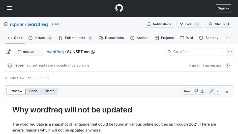 Screenshot of github.com: Why wordfreq will not be updated