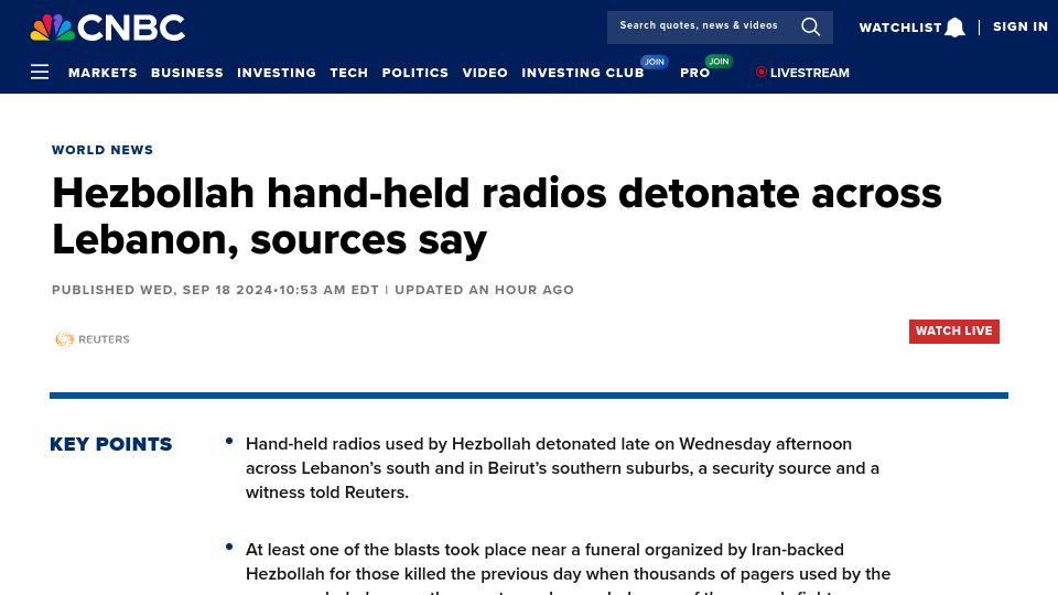 Screenshot of cnbc.com: Hezbollah hand-held radios detonate across Lebanon, sources say