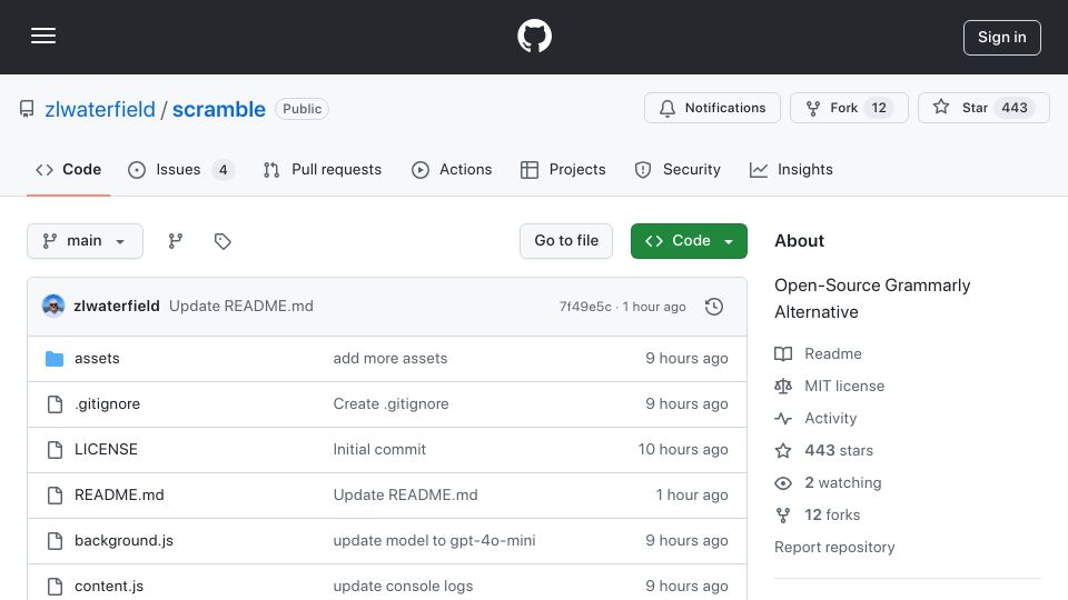 Screenshot of github.com: Scramble: Open-Source Alternative to Grammarly