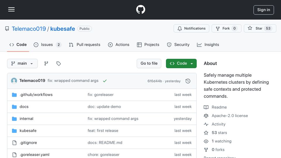 Screenshot of github.com: Kubesafe: Never run Kubernetes commands on the wrong cluster again