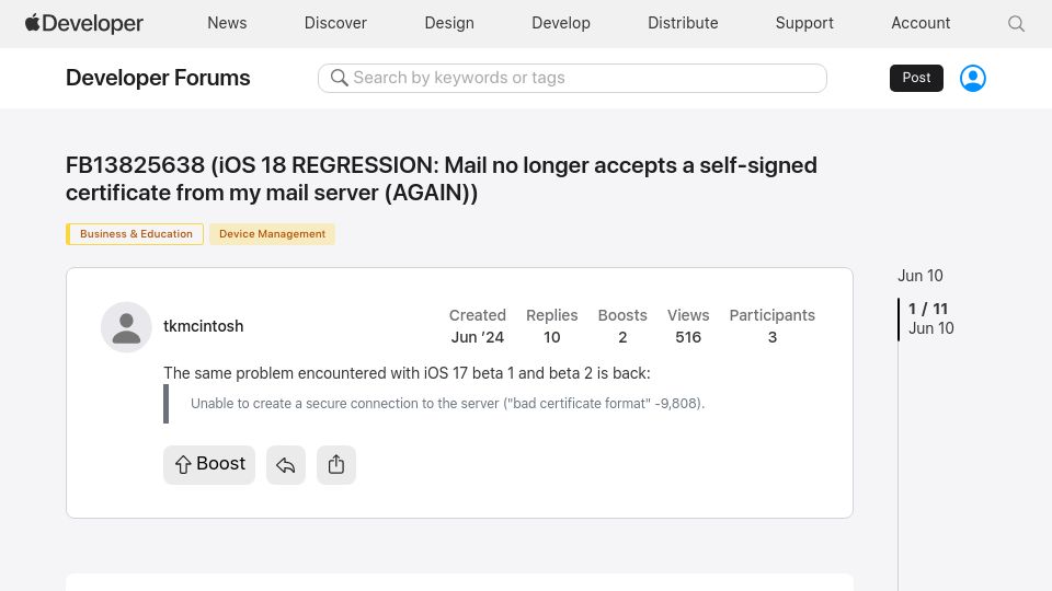 Screenshot of forums.developer.apple.com: iOS 18 breaks IMAPS self-signed certs