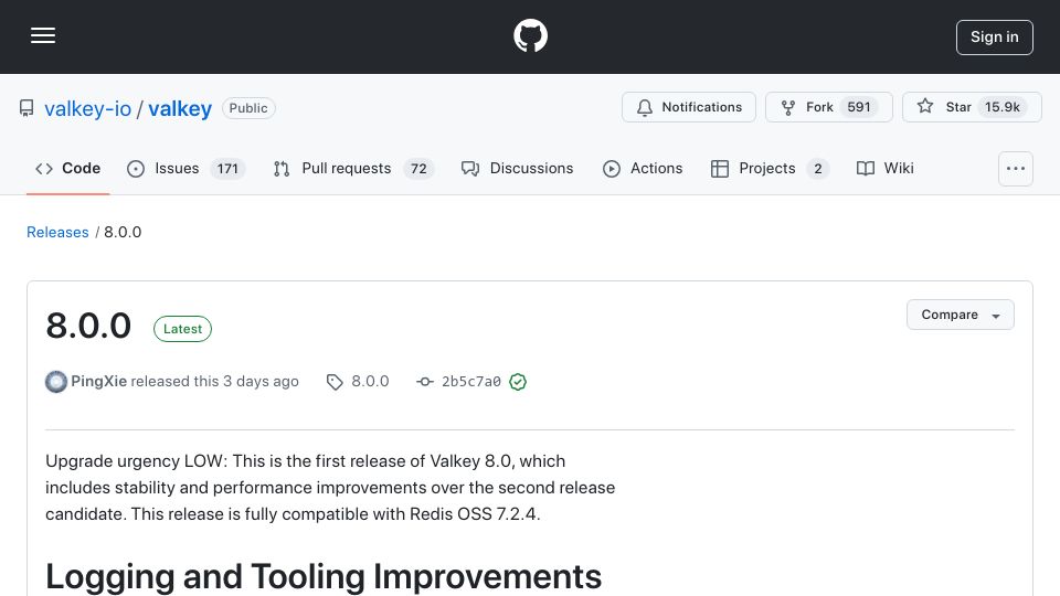 Screenshot of github.com: Valkey 8.0.0 Is Out