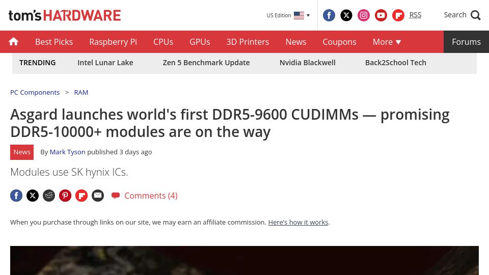 Screenshot of tomshardware.com: Asgard launches world's first DDR5-9600 DIMMs
