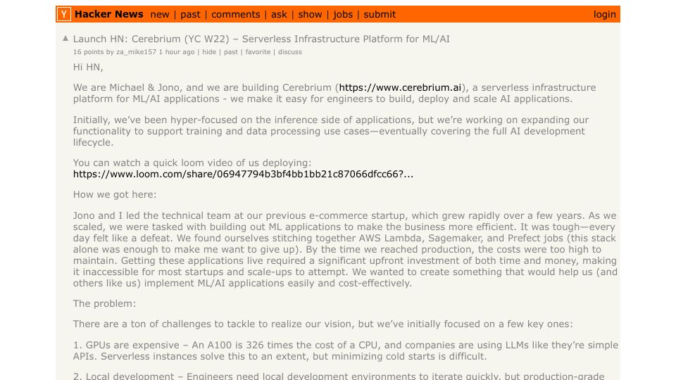 Screenshot of Hacker News post: Launch HN: Cerebrium (YC W22) – Serverless Infrastructure Platform for ML/AI