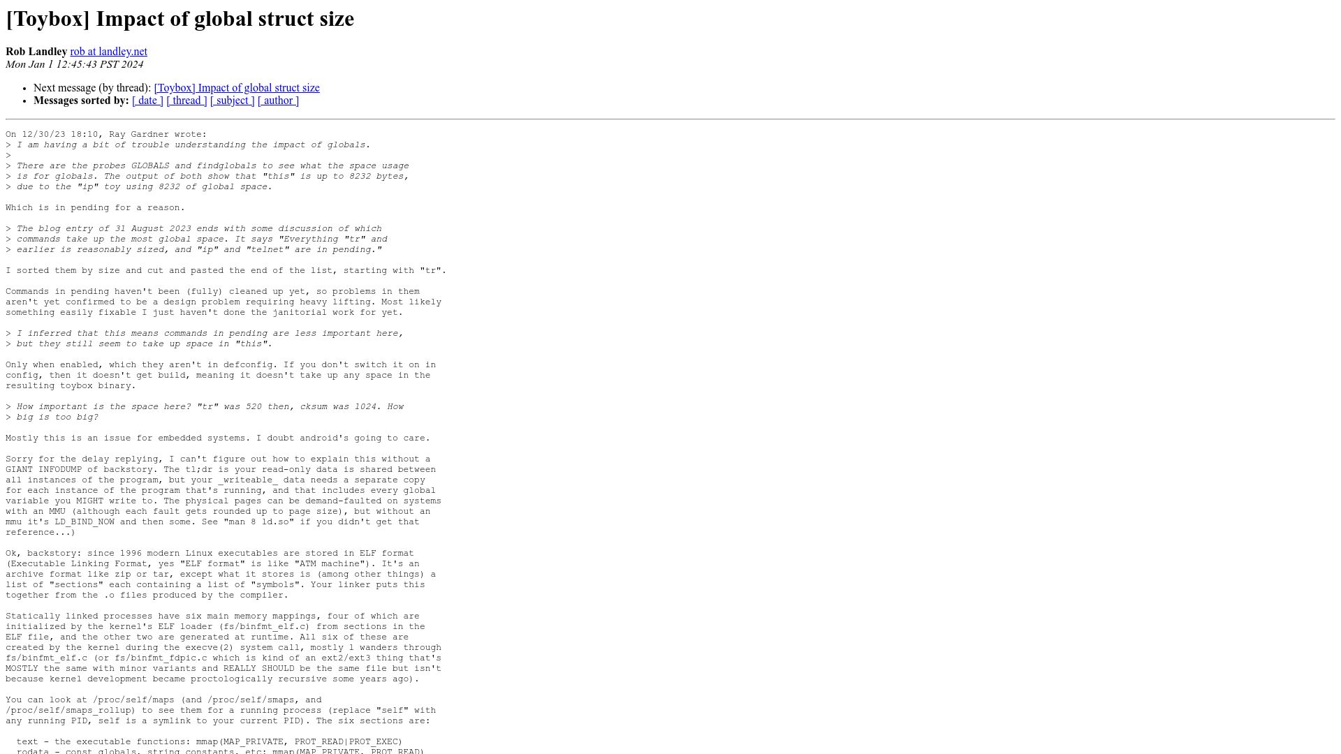 Screenshot of lists.landley.net: A overview of binaries, ELF, and NoMMU on Linux