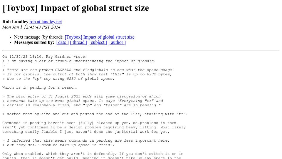 Screenshot of lists.landley.net: A overview of binaries, ELF, and NoMMU on Linux