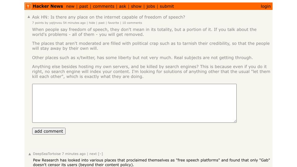 Screenshot of Hacker News post: Ask HN: Is there any place on the internet capable of freedom of speech?