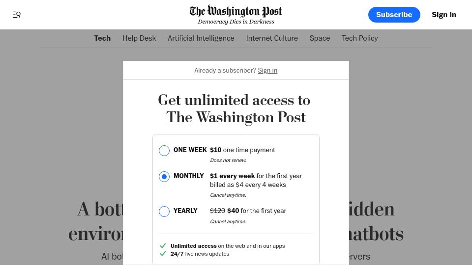 Screenshot of washingtonpost.com: A bottle of water per email: the hidden environmental costs of using AI chatbots