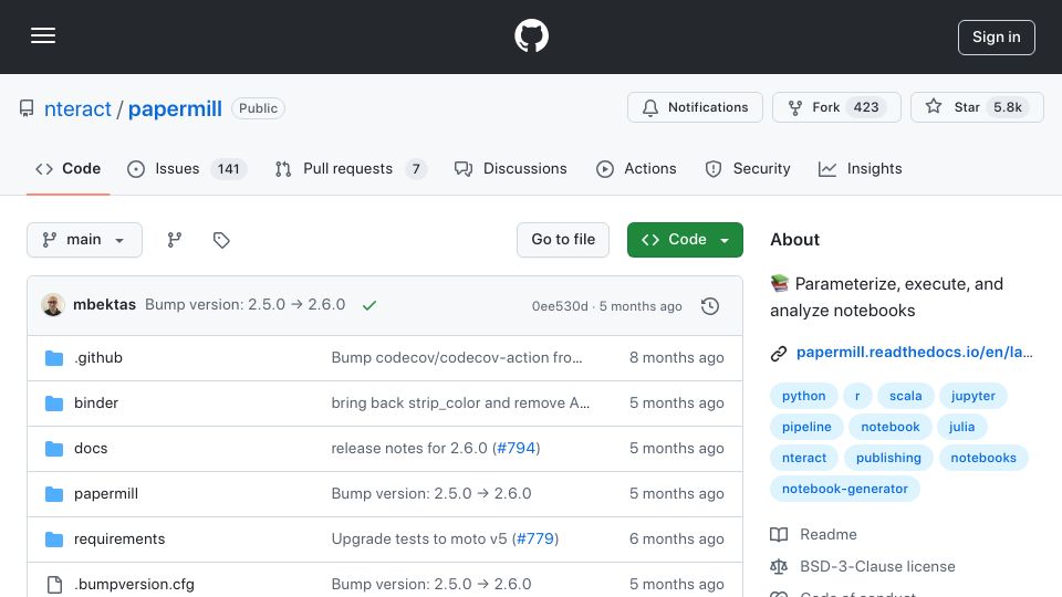 Screenshot of github.com: Papermill: Parameterizing, executing, and analyzing Jupyter Notebooks