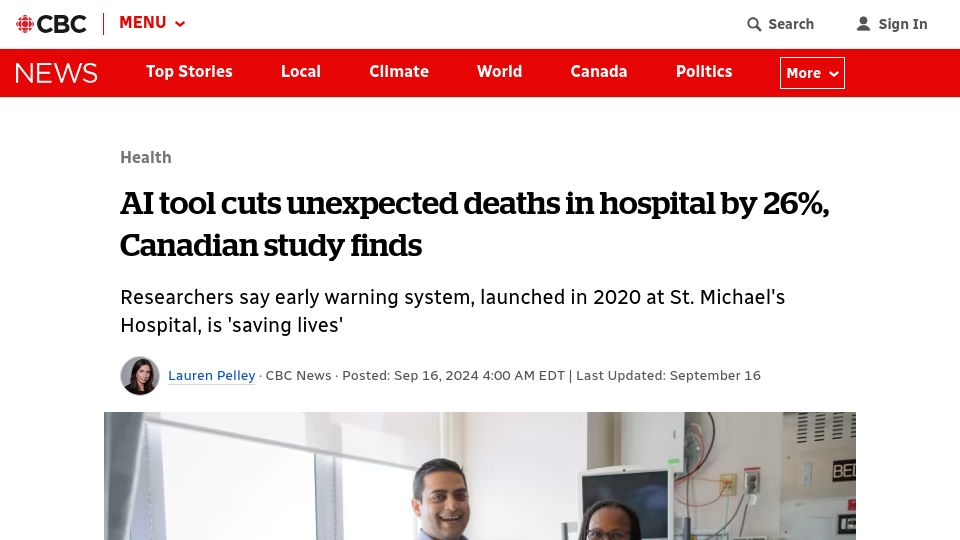 Screenshot of cbc.ca: AI tool cuts unexpected deaths in hospital by 26%, Canadian study finds