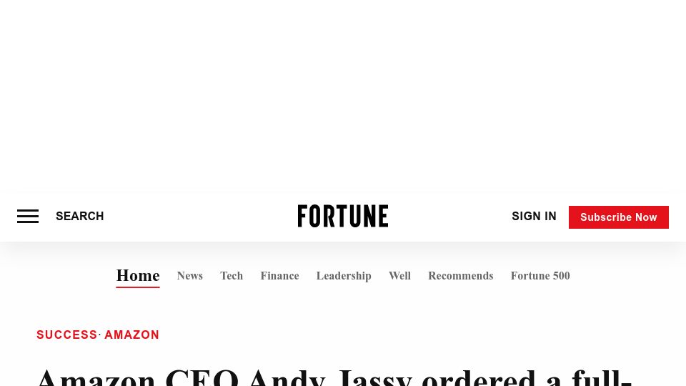 Screenshot of fortune.com: Amazon ordered a return to the office – but research says they'll backtrack