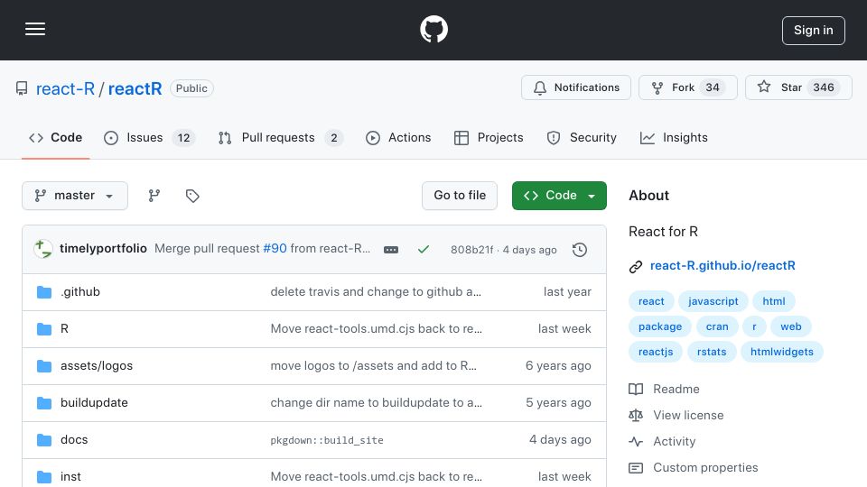 Screenshot of github.com: React for R