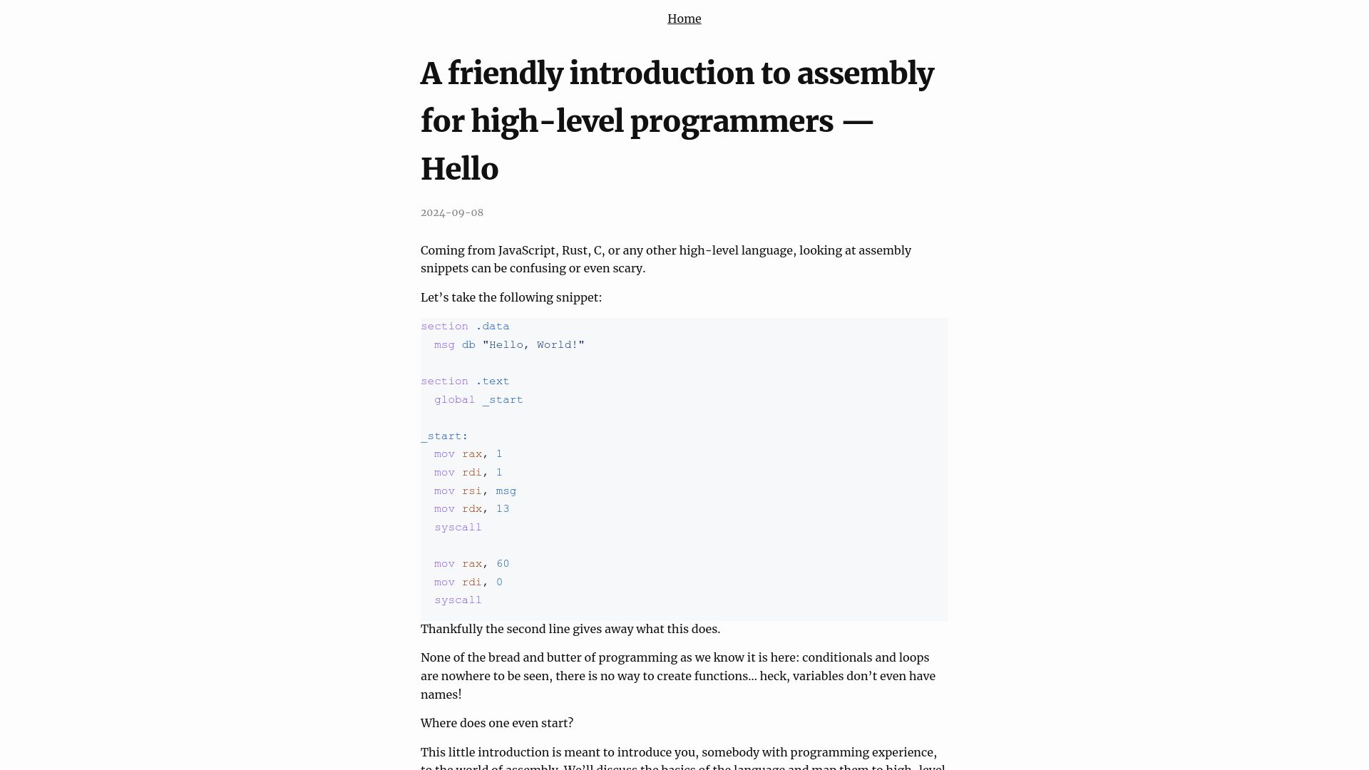 Screenshot of shikaan.github.io: A Friendly Introduction to Assembly for High-Level Programmers
