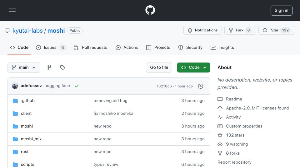 Screenshot of github.com: Moshi: A speech-text foundation model for real time dialogue
