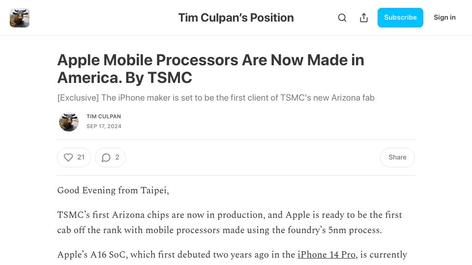 Screenshot of timculpan.substack.com: Apple mobile processors are now made in America by TSMC
