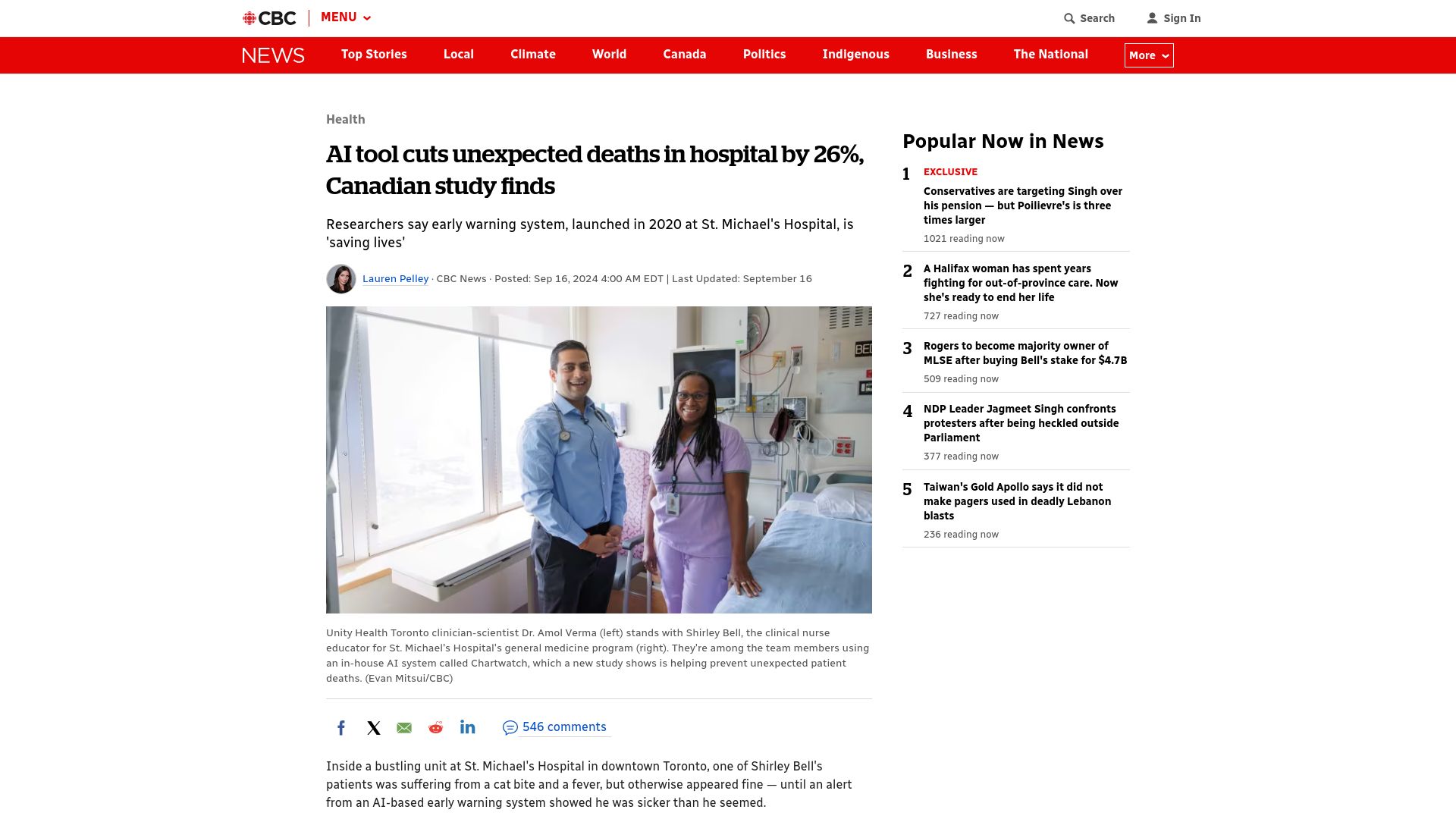 Screenshot of cbc.ca: AI tool cuts unexpected deaths in hospital by 26%, Canadian study finds