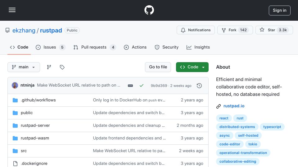 Screenshot of github.com: Rustpad is an efficient and minimal open-source collaborative text editor
