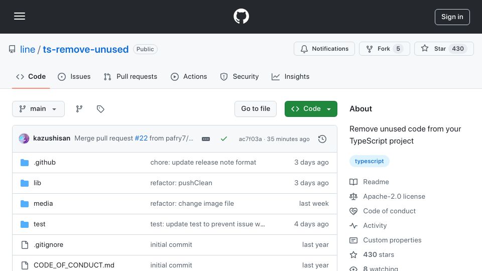 Screenshot of github.com: Show HN: ts-remove-unused – Remove unused code from your TypeScript project