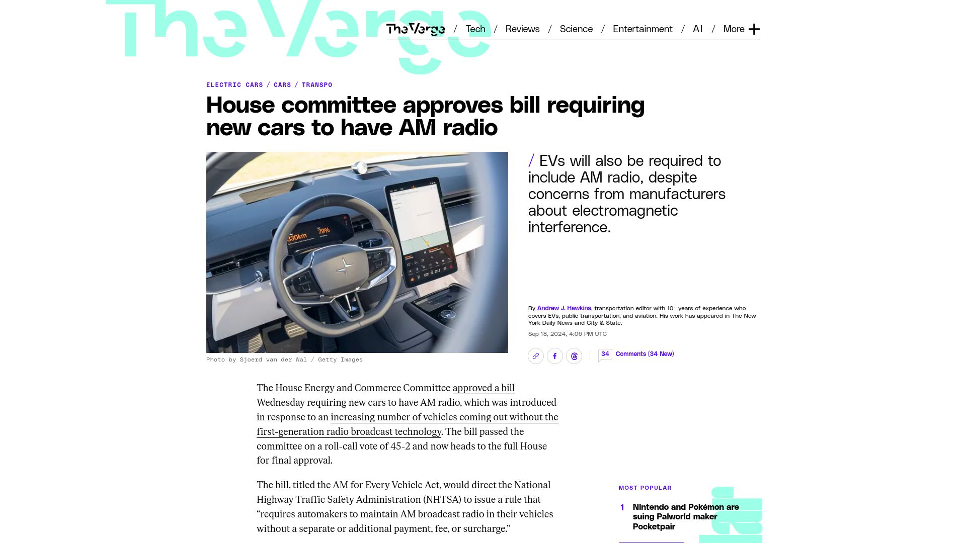 Screenshot of theverge.com: House committee approves bill requiring new cars to have AM radio