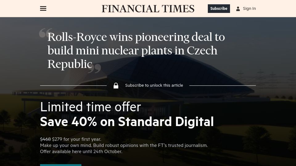 Screenshot of ft.com: Rolls-Royce wins pioneering deal to build mini nuclear plants in Czech Republic