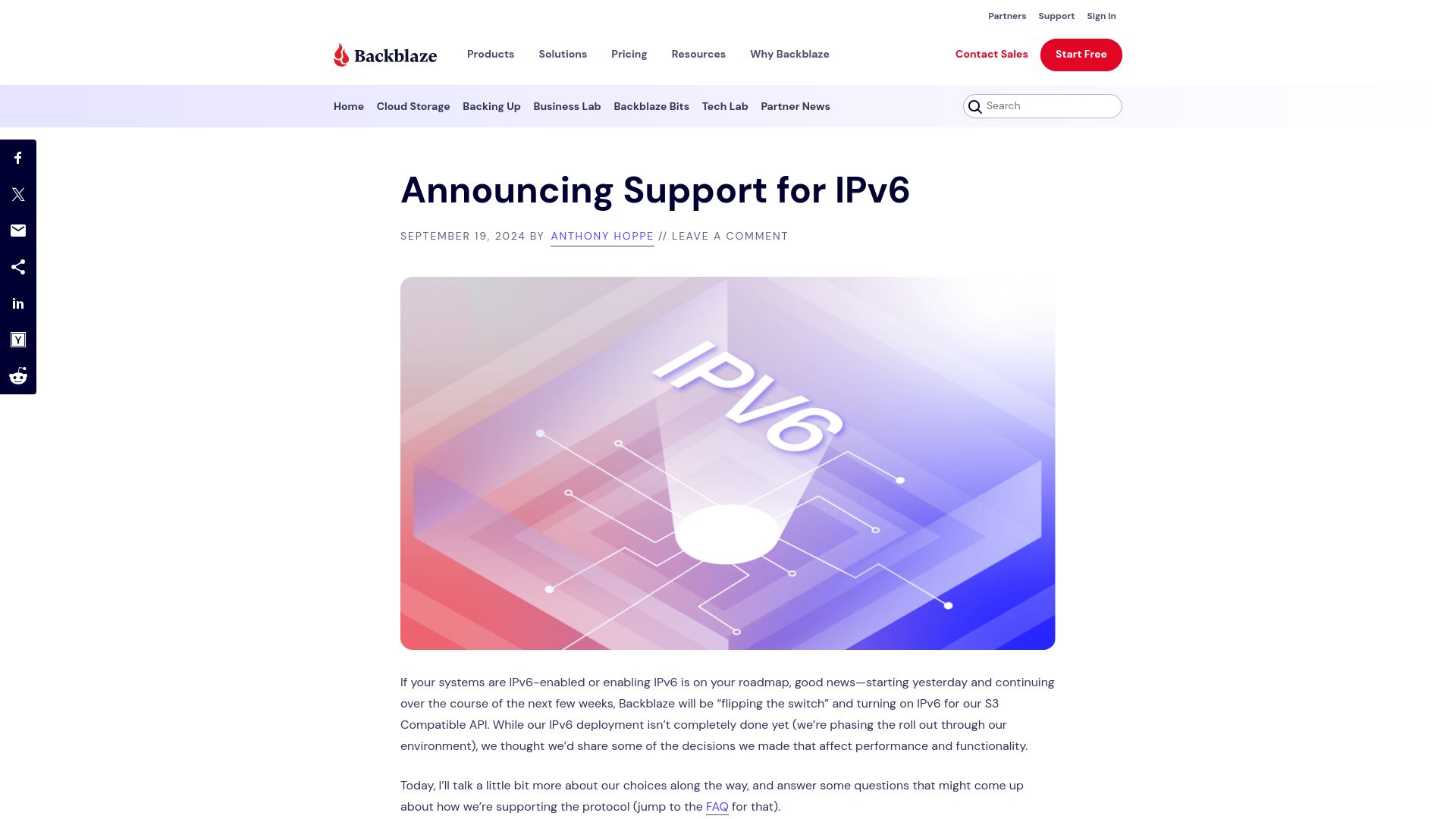 Screenshot of backblaze.com: Support for IPv6