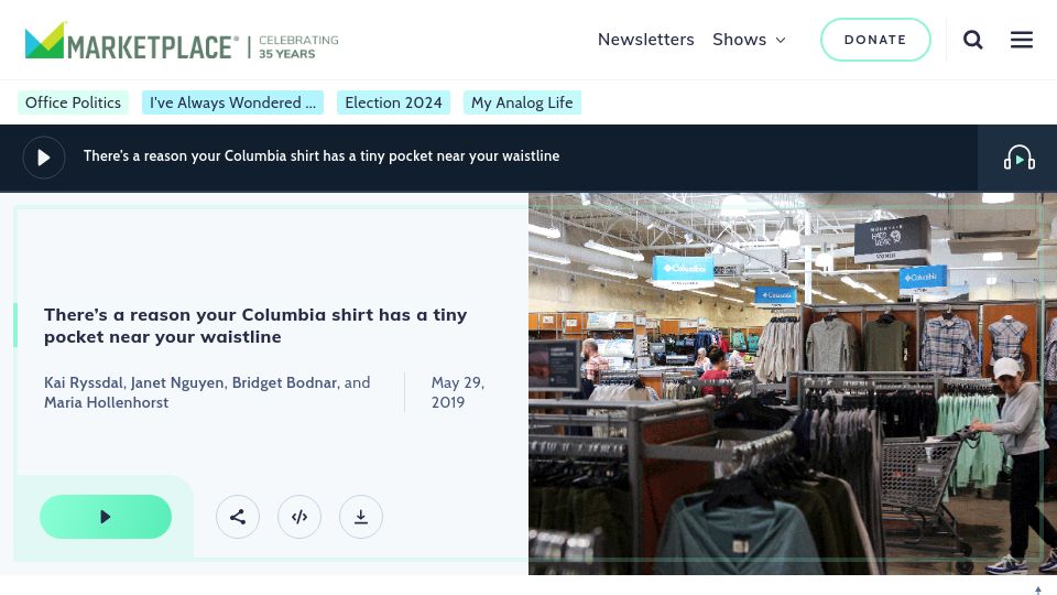 Screenshot of marketplace.org: The reason your Columbia shirt has a tiny pocket near your waistline (2019)