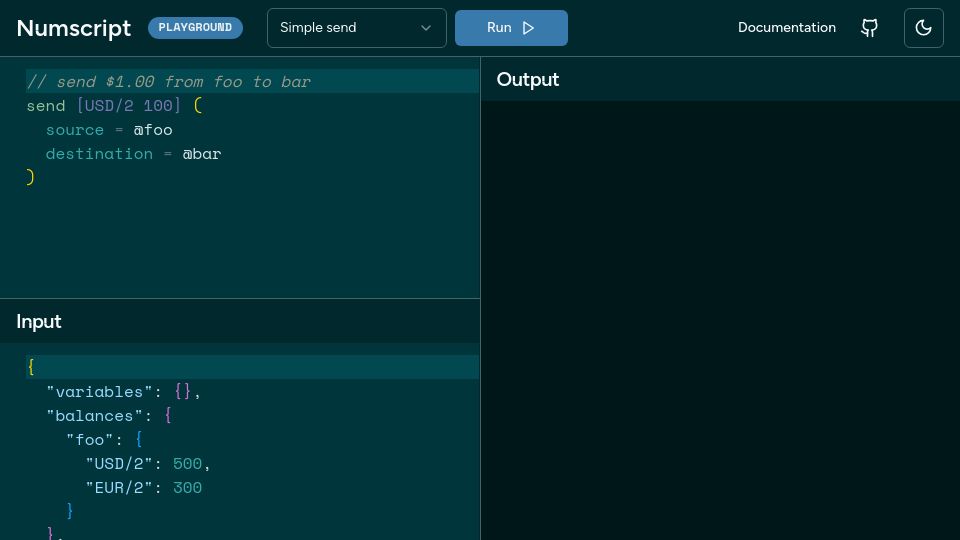 Screenshot of playground.numscript.org: Show HN: Numscript, a declarative language to model financial transactions