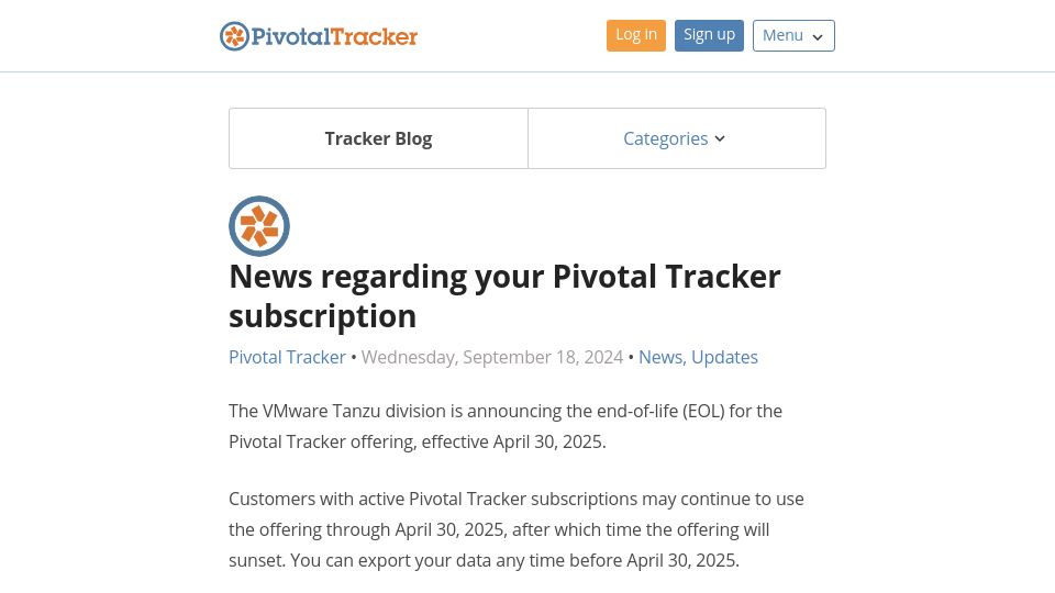 Screenshot of pivotaltracker.com: Pivotal Tracker will shut down