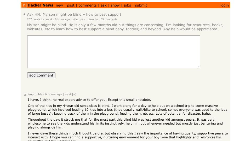 Screenshot of Hacker News post: Ask HN: My son might be blind – how to best support