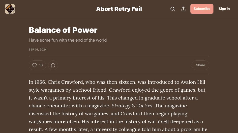 Screenshot of abortretry.fail: Balance of Power – By Bradford Morgan White