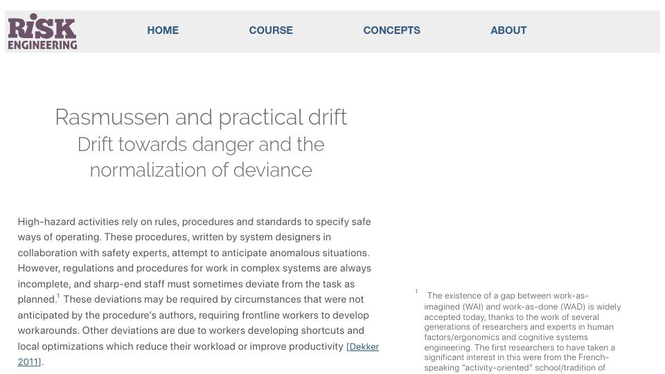 Screenshot of risk-engineering.org: Drift towards danger and the normalization of deviance (2017)