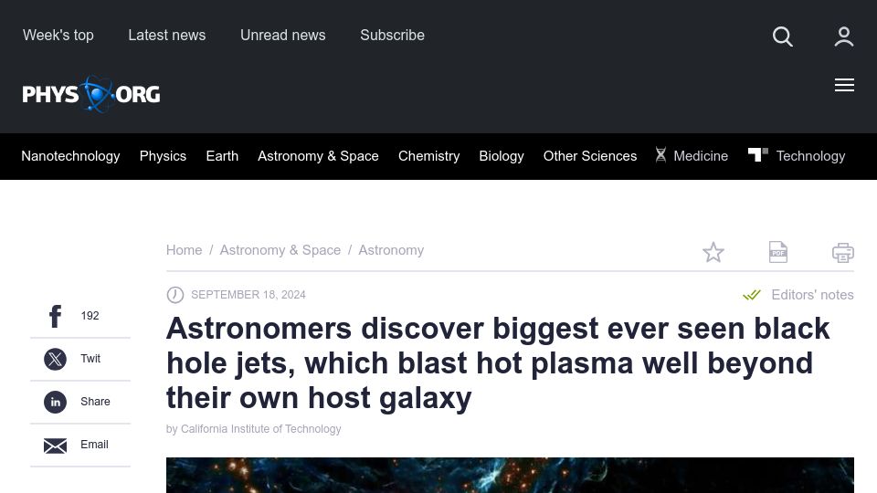 Screenshot of phys.org: Biggest ever seen black hole jets; blasting plasma well beyond their own galaxy